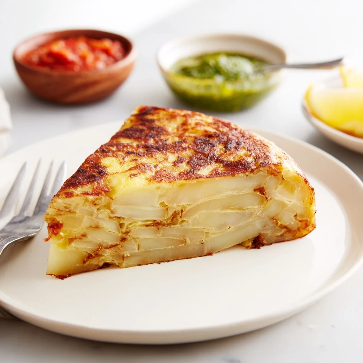 Deliciosa tortilla española con papas y cebollas, servida con salsas variadas coloridas.