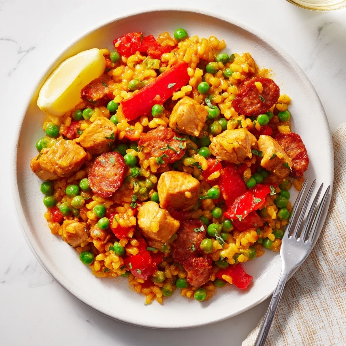 Colores vibrantes en esta paella de pollo y chorizo, perfecta para una cena familiar.