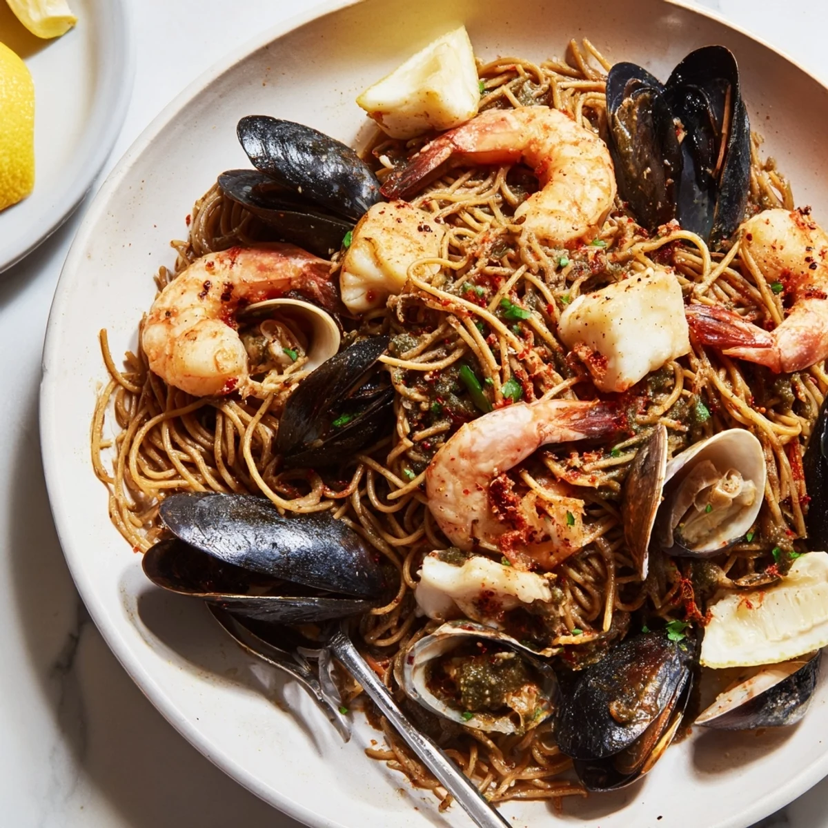 Zesty Seafood Fideuà Skillet, un festín peatonal de fideos cortos y sabores intensos.  