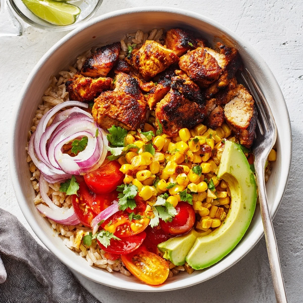 Pollo picante al pimentón con maíz asado, servido en un tazón.  