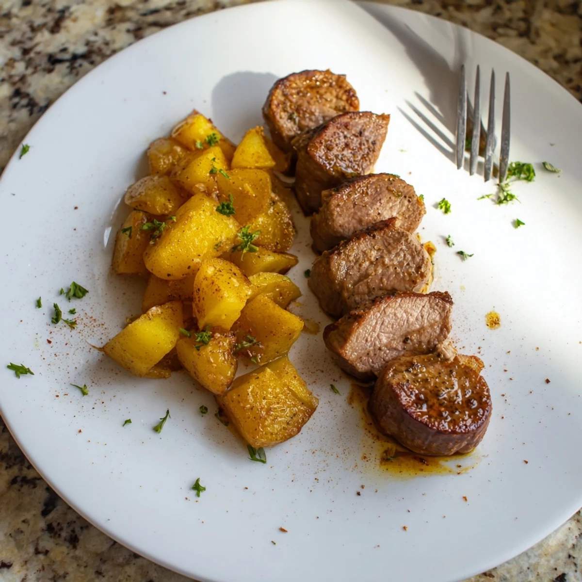 Medallones de cerdo marinados servidos con papas fritas crujientes y aromáticas.  