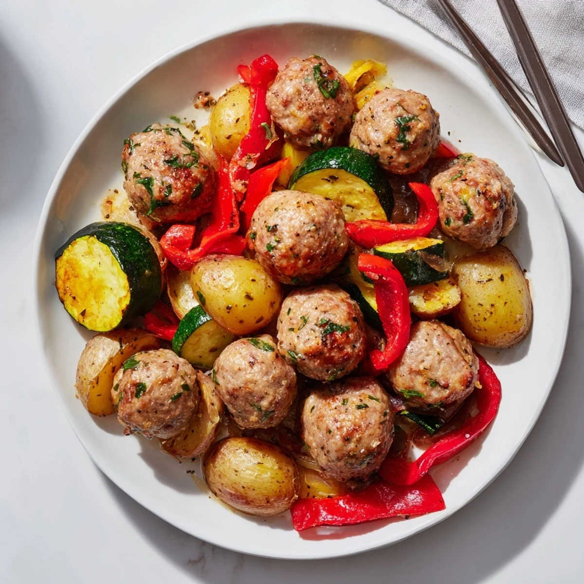 Bolas de carne al horno con patatas y verduras coloridas, perfectas para la cena.  
