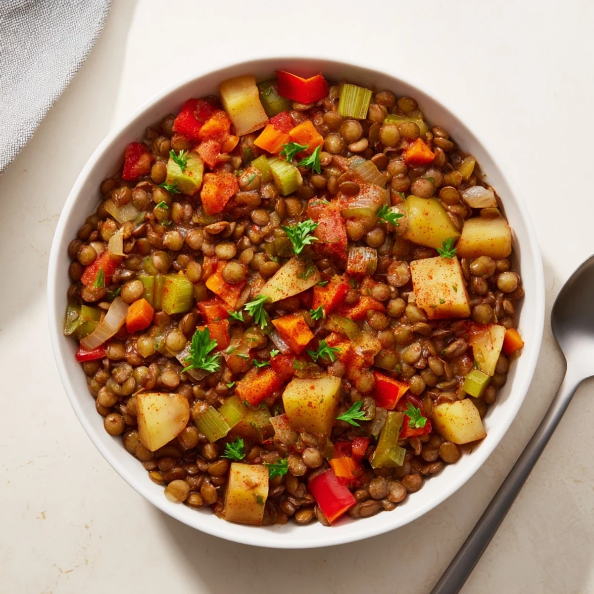 Reconfortante guiso de lentejas español servido caliente, perfecto para las cenas invernales.