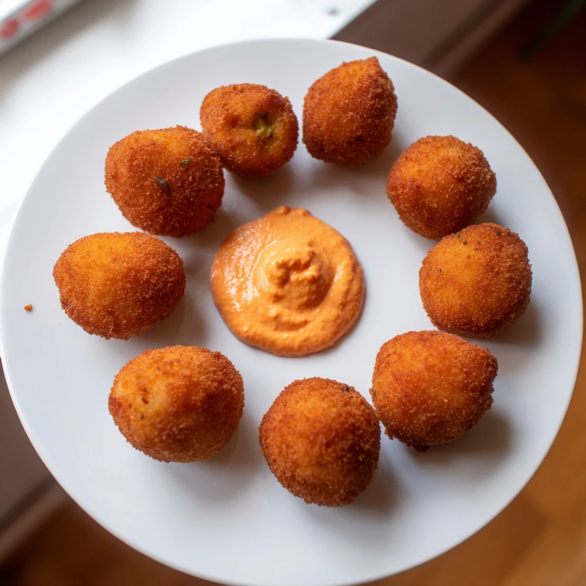 Croquetas doradas de jamón crujiente con un dip de pimiento rojo asado.  