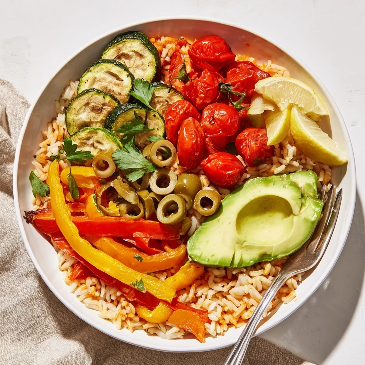 Reconfortante receta de tazones de arroz español con sabores frescos y coloridos.  