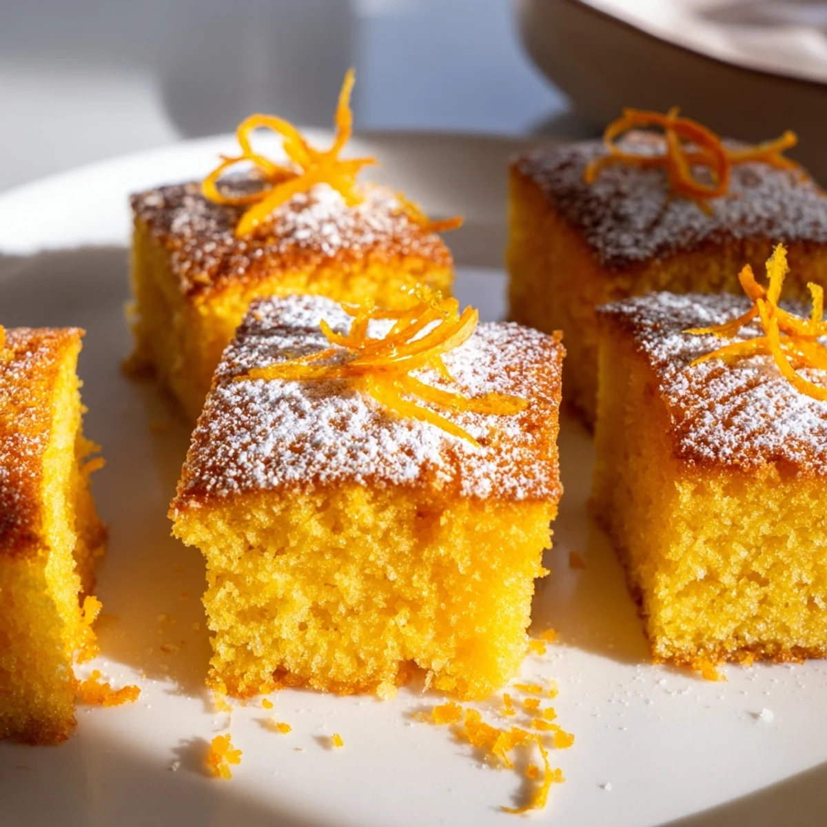 Cuadrados de pastel de aceite de oliva naranja, esponjosos y húmedos, ideal para el postre.