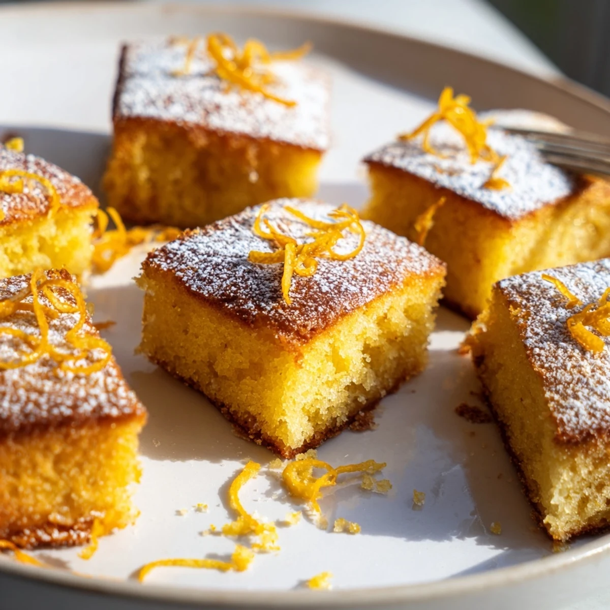 Deliciosos cuadrados de pastel de aceite de oliva con un toque de naranja fresca.