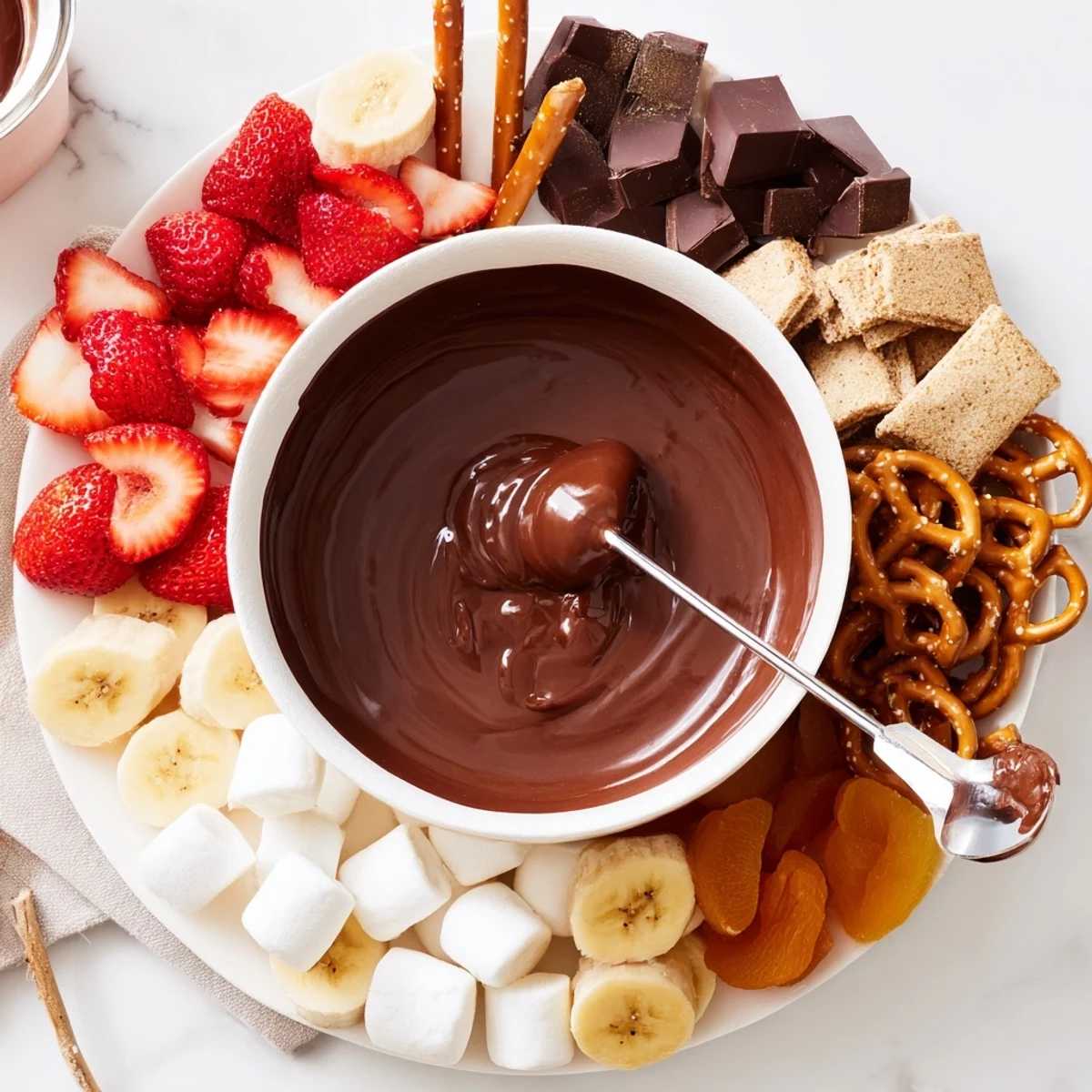 Plato de chocolate caliente con fruta fresca y galletas para compartir.  