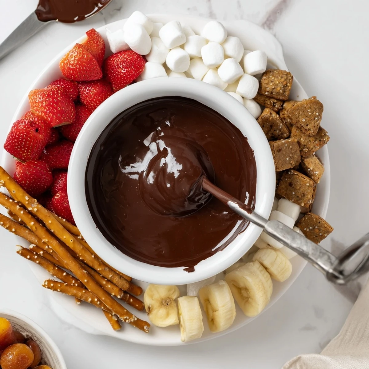 Delicioso dip de chocolate caliente servido con pretzels y pastel.