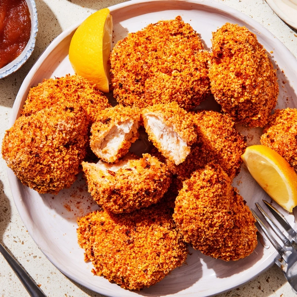 Pollo rebozado con pimentón ahumado, ideal como aperitivo o plato principal.