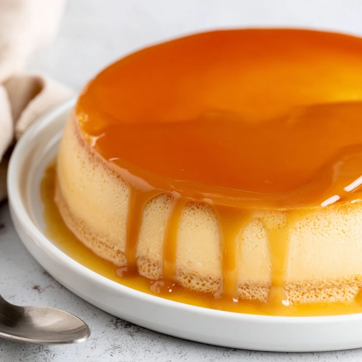 Tres poéticas y soñadoras porciones de flan de canela y vainilla, decoradas con caramelo dorado y crema suave.  