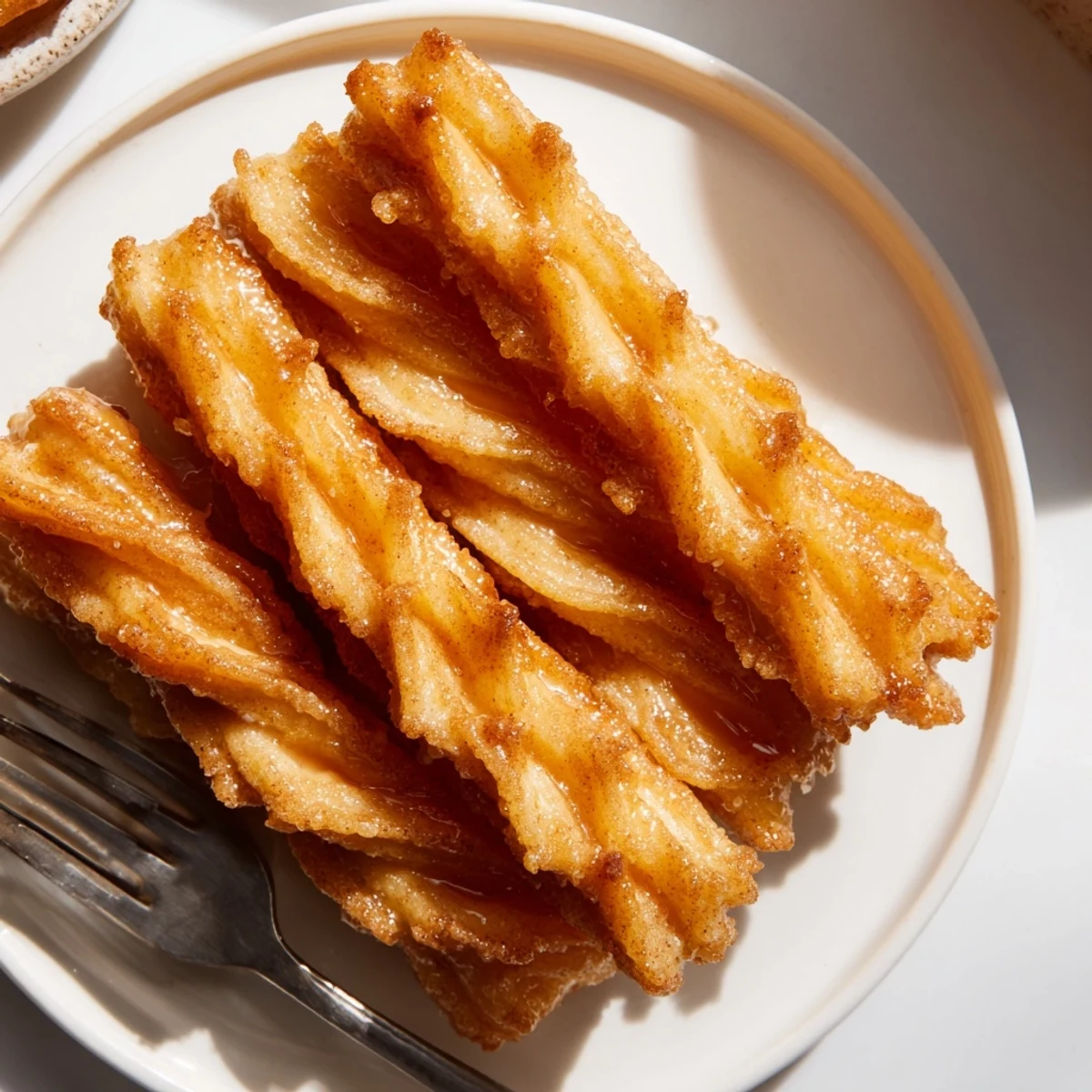 Churros dorados crujientes glaseados con miel, perfectos para un snack dulce.  
