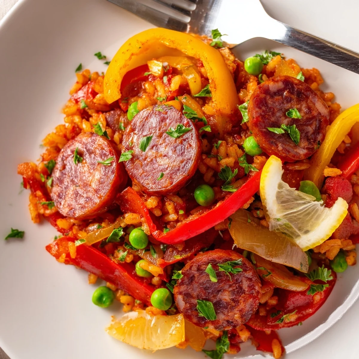 Plato colorido de paella de chorizo y pimientos con hierbas frescas.