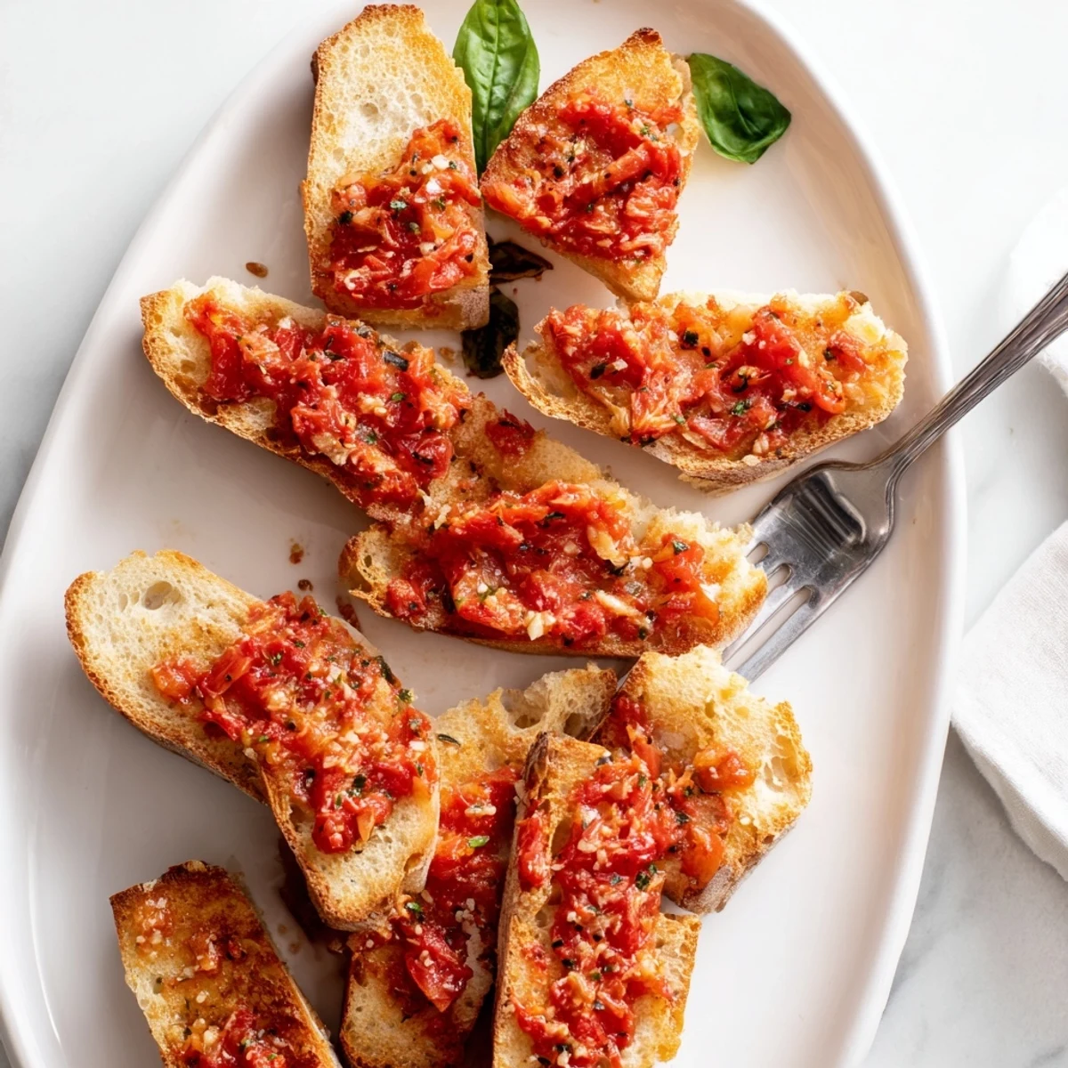 Rebanadas de baguette tostadas con tomate y queso Manchego derretido.  