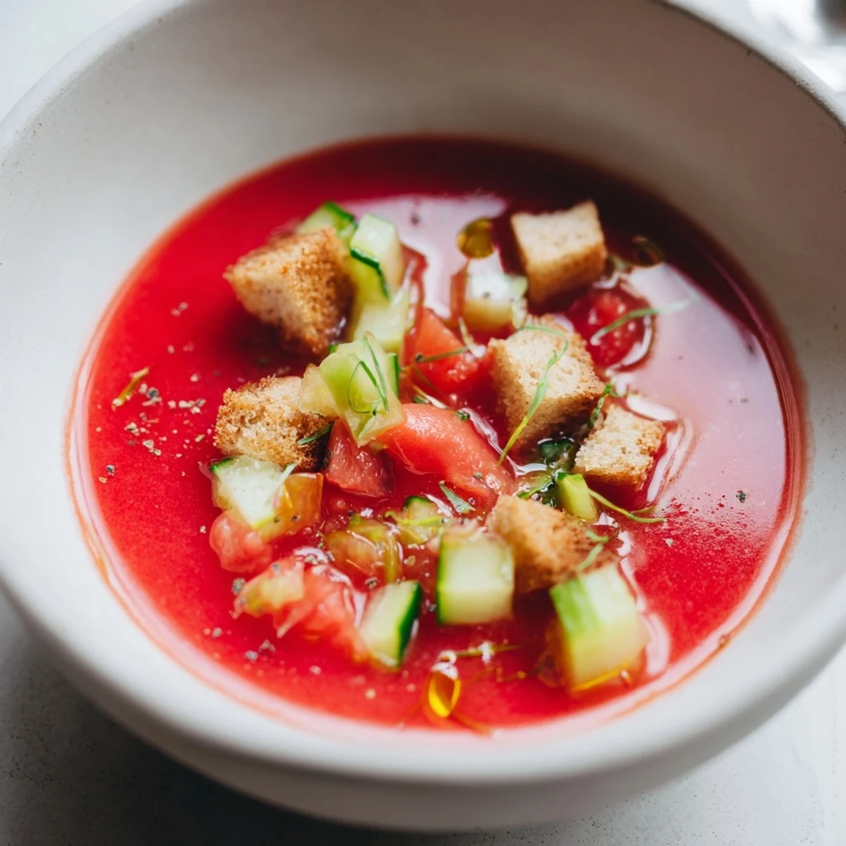 Sopa fría tradicional española gazpacho, repleta de tomates frescos y pepinos.