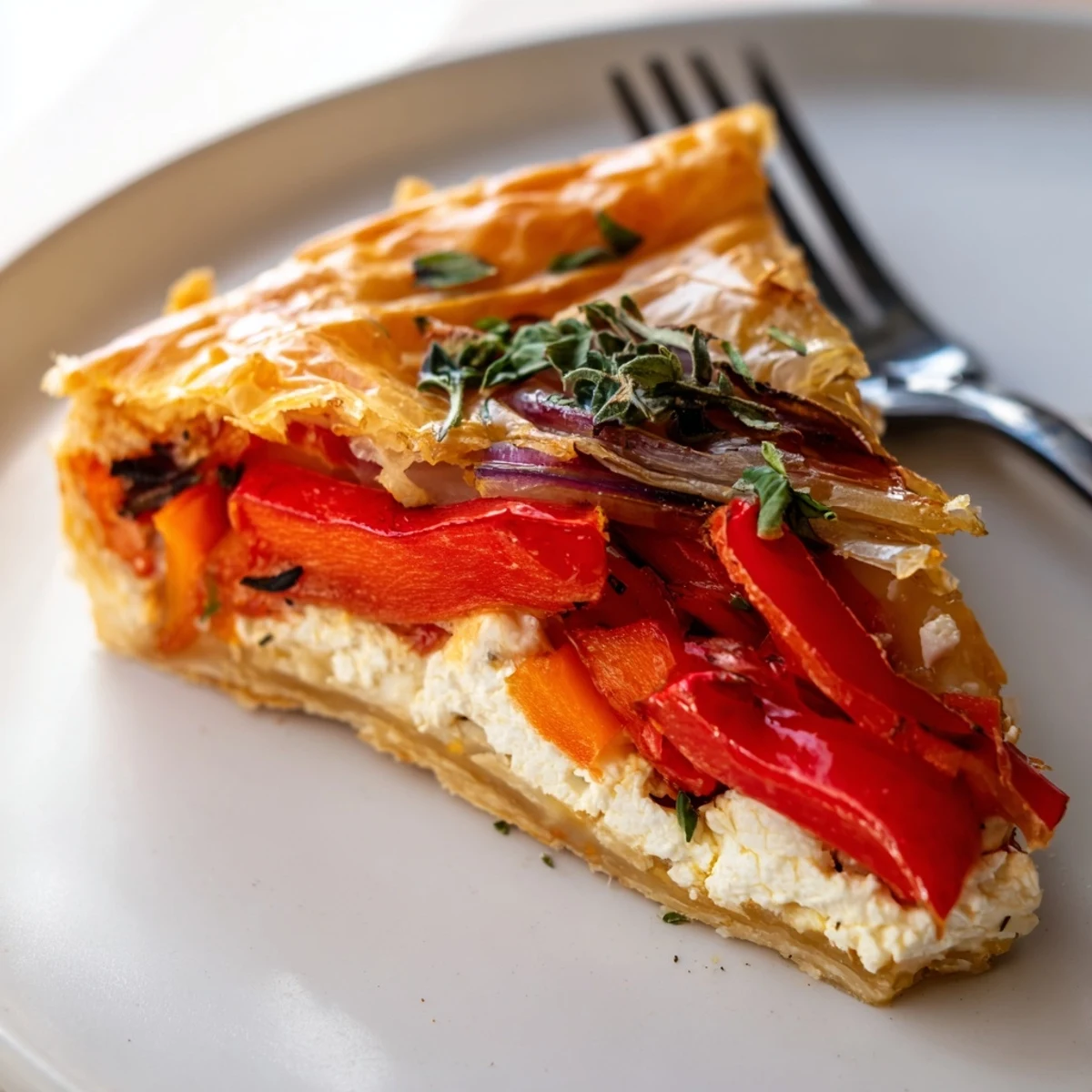 Rebanadas de tarta de pimientos rojos asados y queso de cabra, perfectas para brunch.