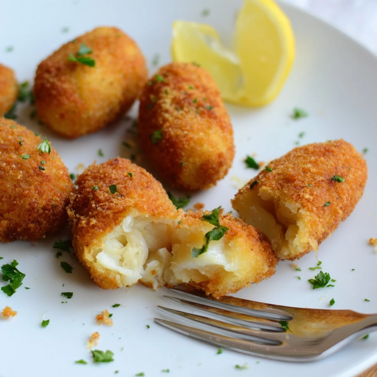 Deliciosos croquetas de bacalao crujiente, perfectas como aperitivo acompañadas de salsa.  