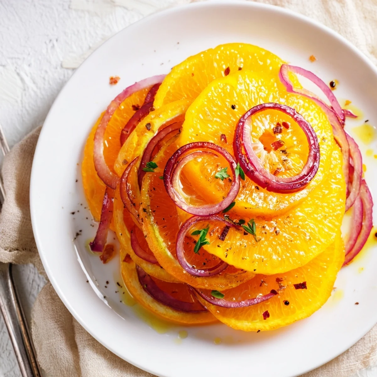 Ensalada española de naranja y aceite de oliva, ligera y colorida, perfecta con mariscos o pan.