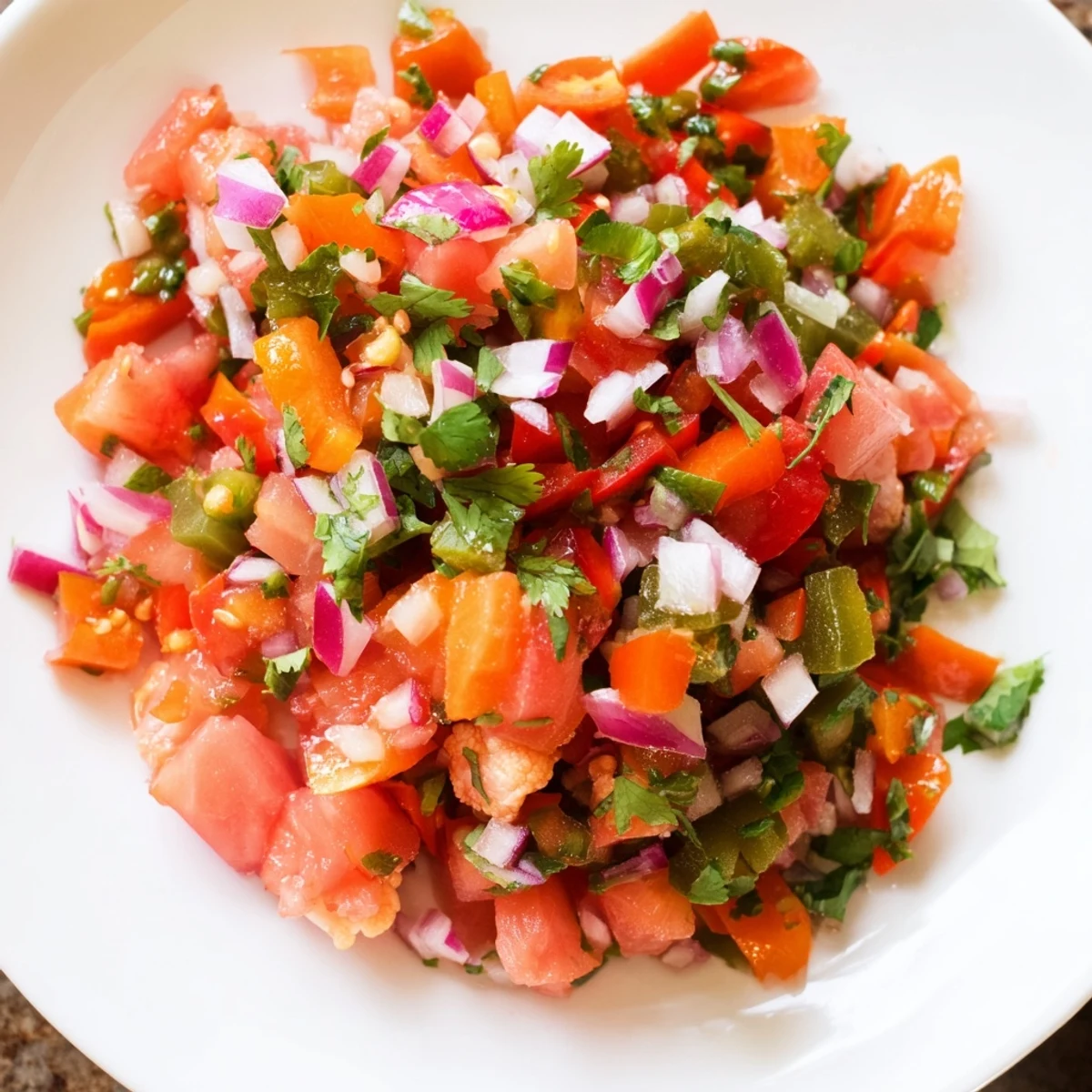 A lively bowl of Pico de Gallo, featuring bright tomatoes and vibrant pickled vegetables.