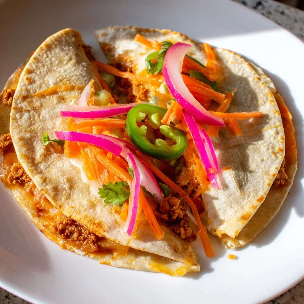 Crispy mini spicy quesadillas with melty cheese, chorizo, and vibrant pickled vegetables ready to serve.