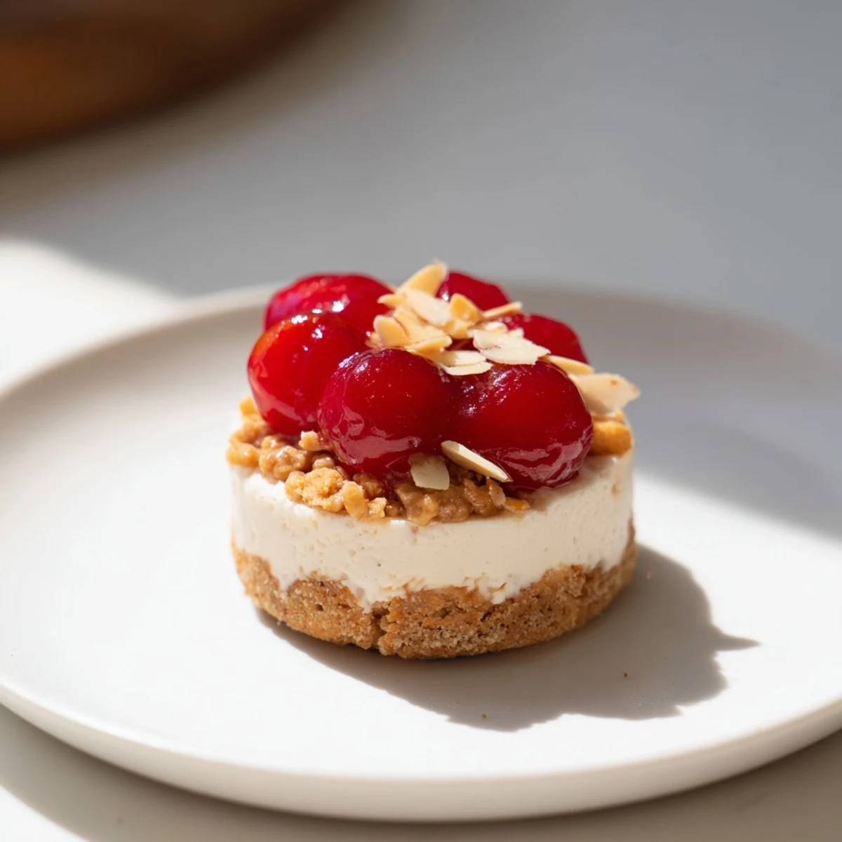Close-up of a layered no-bake nougat and cherry mini cheesecake with biscuit base visible.