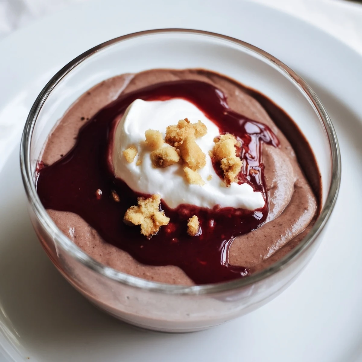 Warm spice-infused Autumn Chestnut Cream, topped with a rich red wine glaze; a comforting dessert.