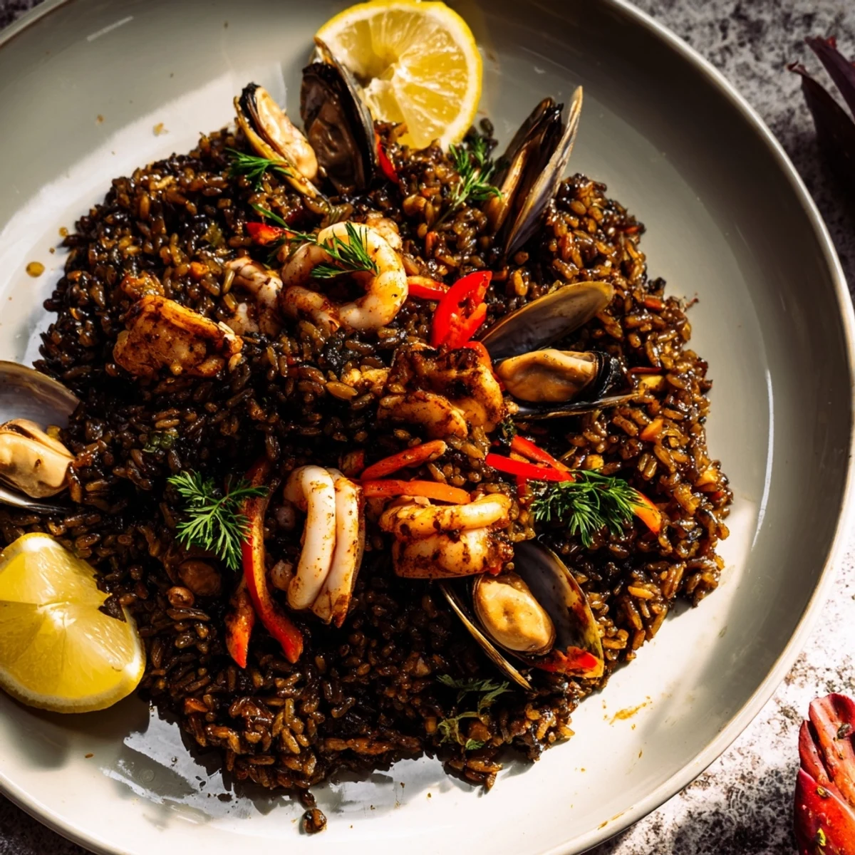 A vibrant shot of Paella Negra Reinvented, showing black rice, seafood, and lemon wedges.