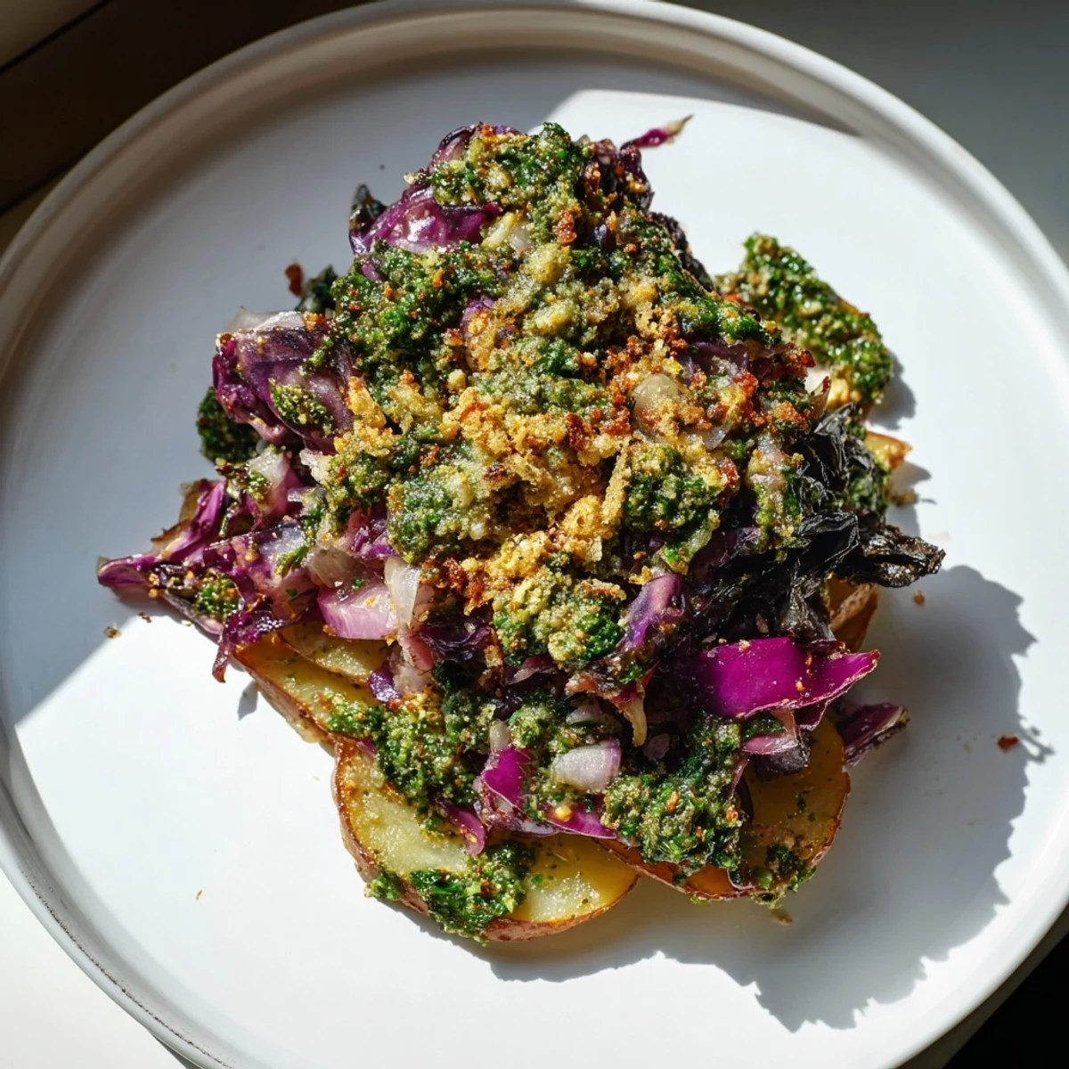 Tender red cabbage layers in this Spiced Red Cabbage Bake with salsa verde, a vegetarian delight.