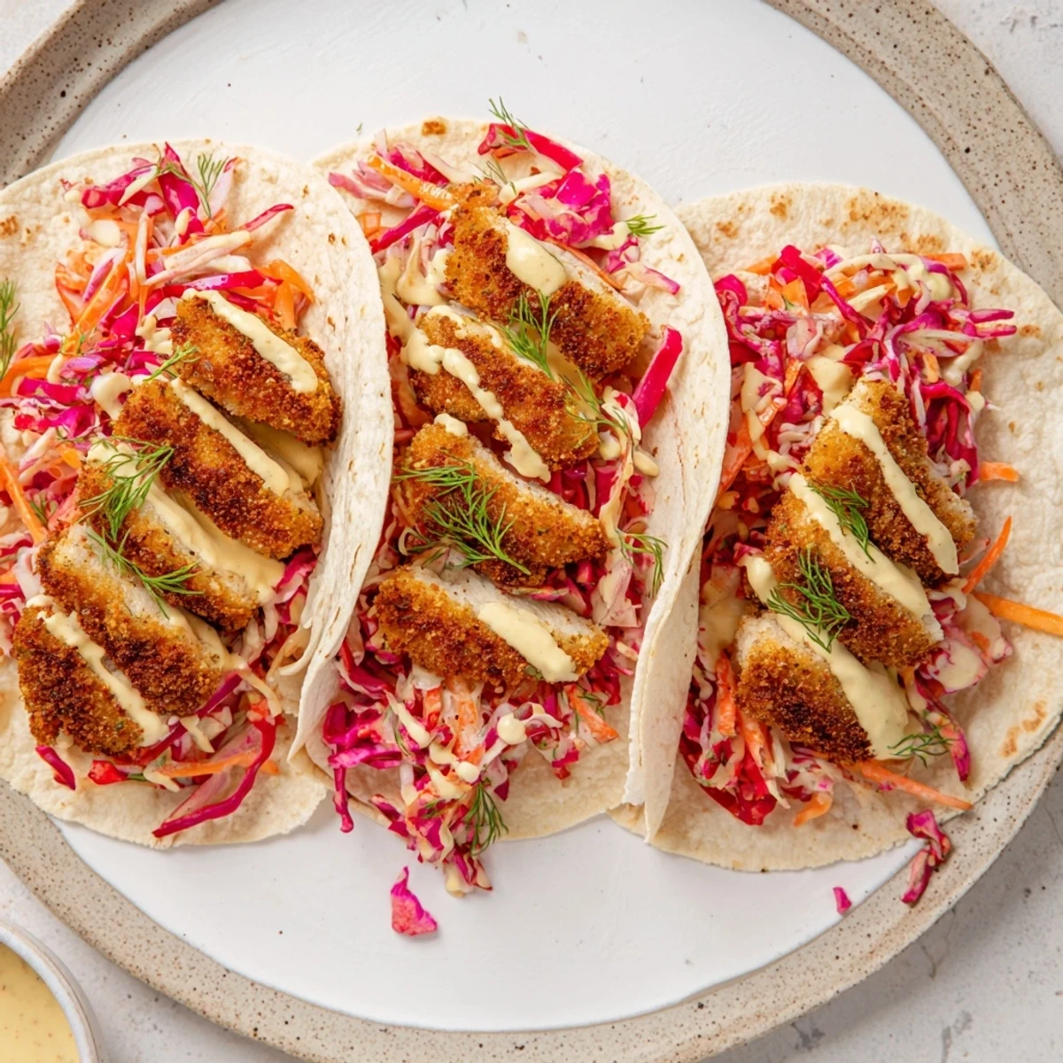 Close-up of golden-brown pork schnitzel tacos, showcasing fresh slaw and delicious flavors.
