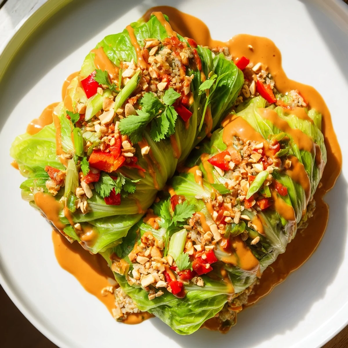 Savoy cabbage rolls with Thai peanut sauce, a delicious and vibrant fusion main dish.