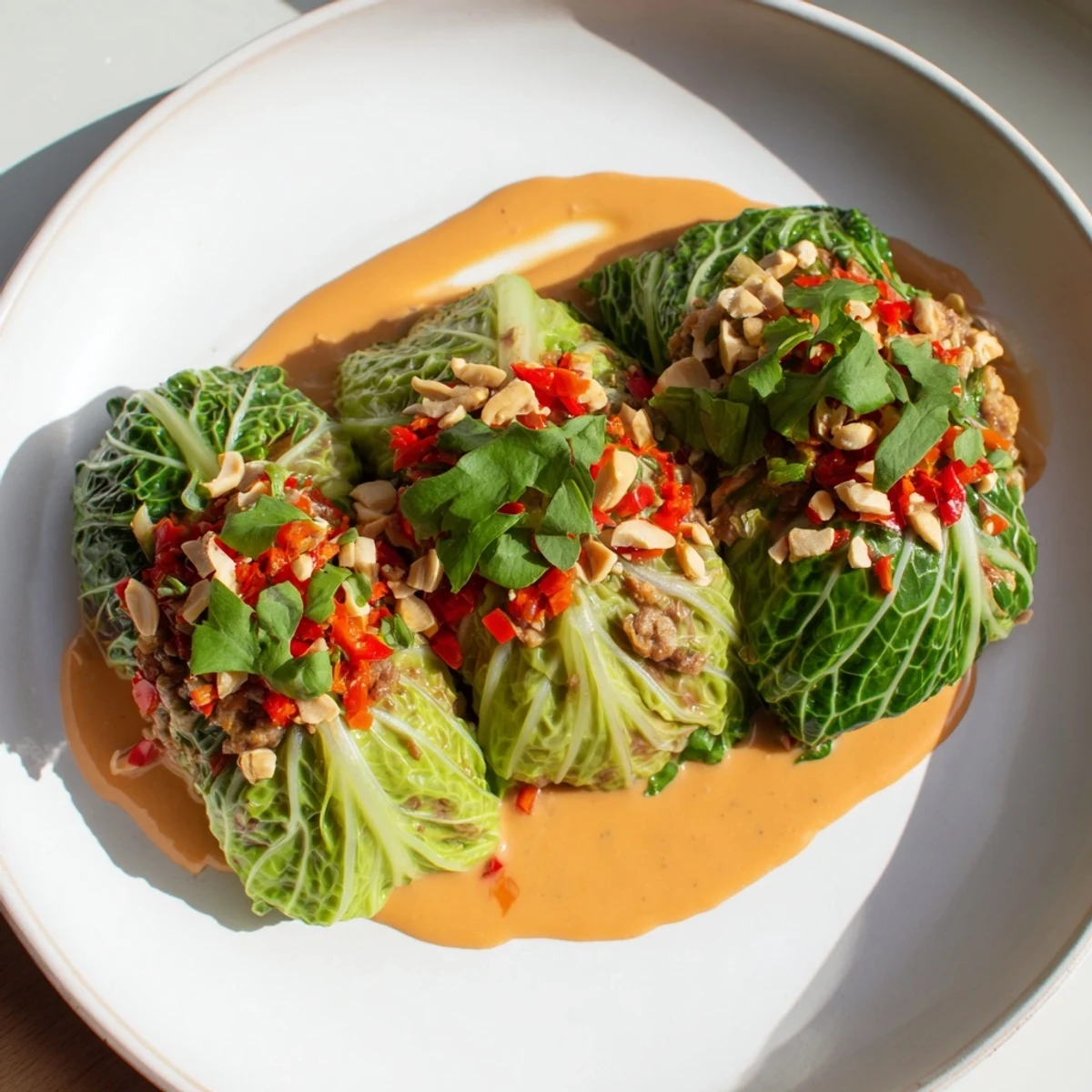 Close-up of savory cabbage rolls, filling spilling out with creamy Thai peanut sauce drizzle.