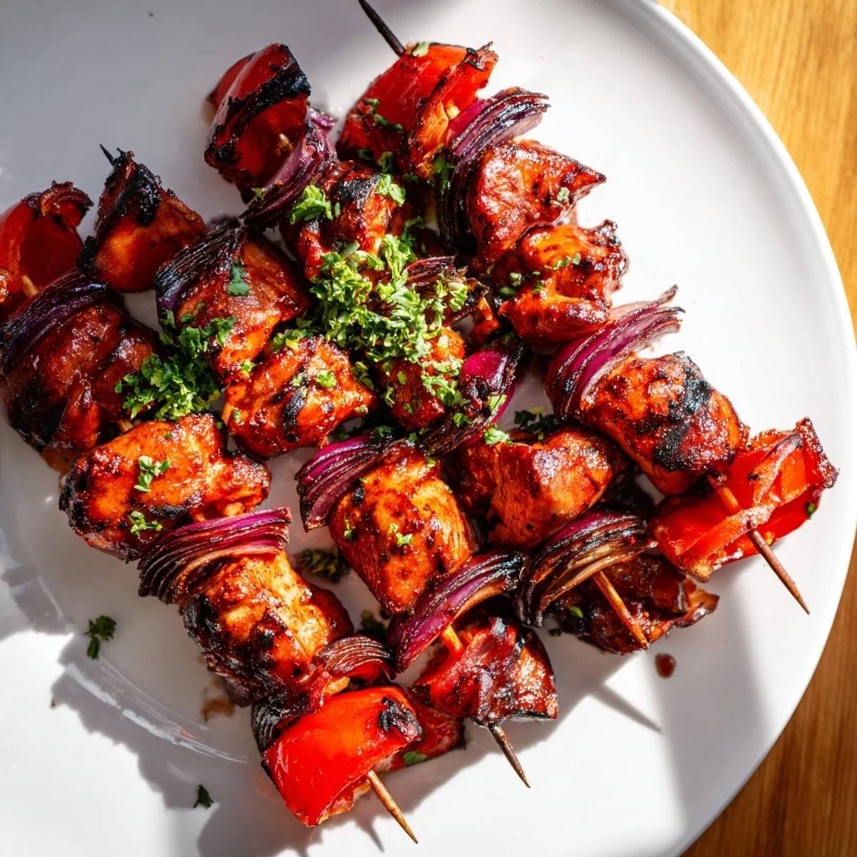 Aromatic Glühwein-Marinated Chicken Skewers fresh off the grill, sizzling with delicious flavors and spices.
