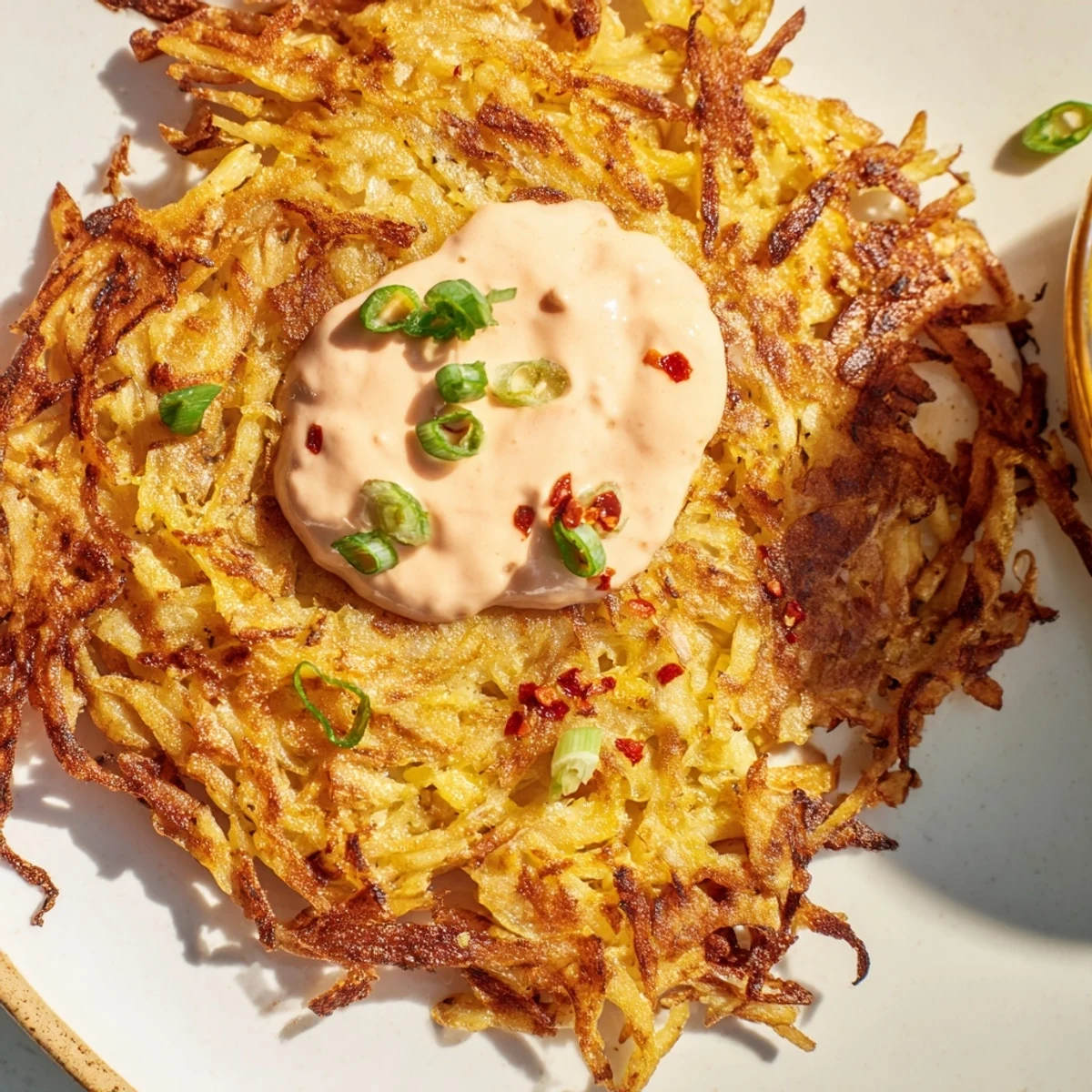 Crispy Kartoffelpuffer, golden brown and ready to eat, served with vibrant kimchi yogurt.