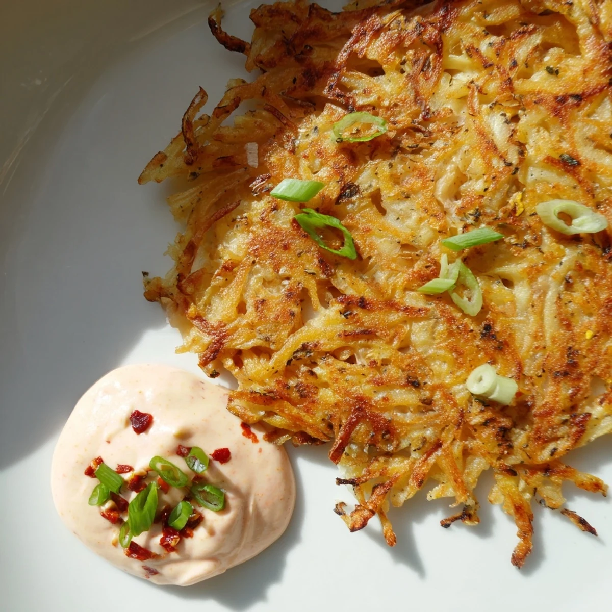 Stack of golden Kartoffelpuffer with a spoonful of the creamy kimchi yogurt dip, a flavorful meal.