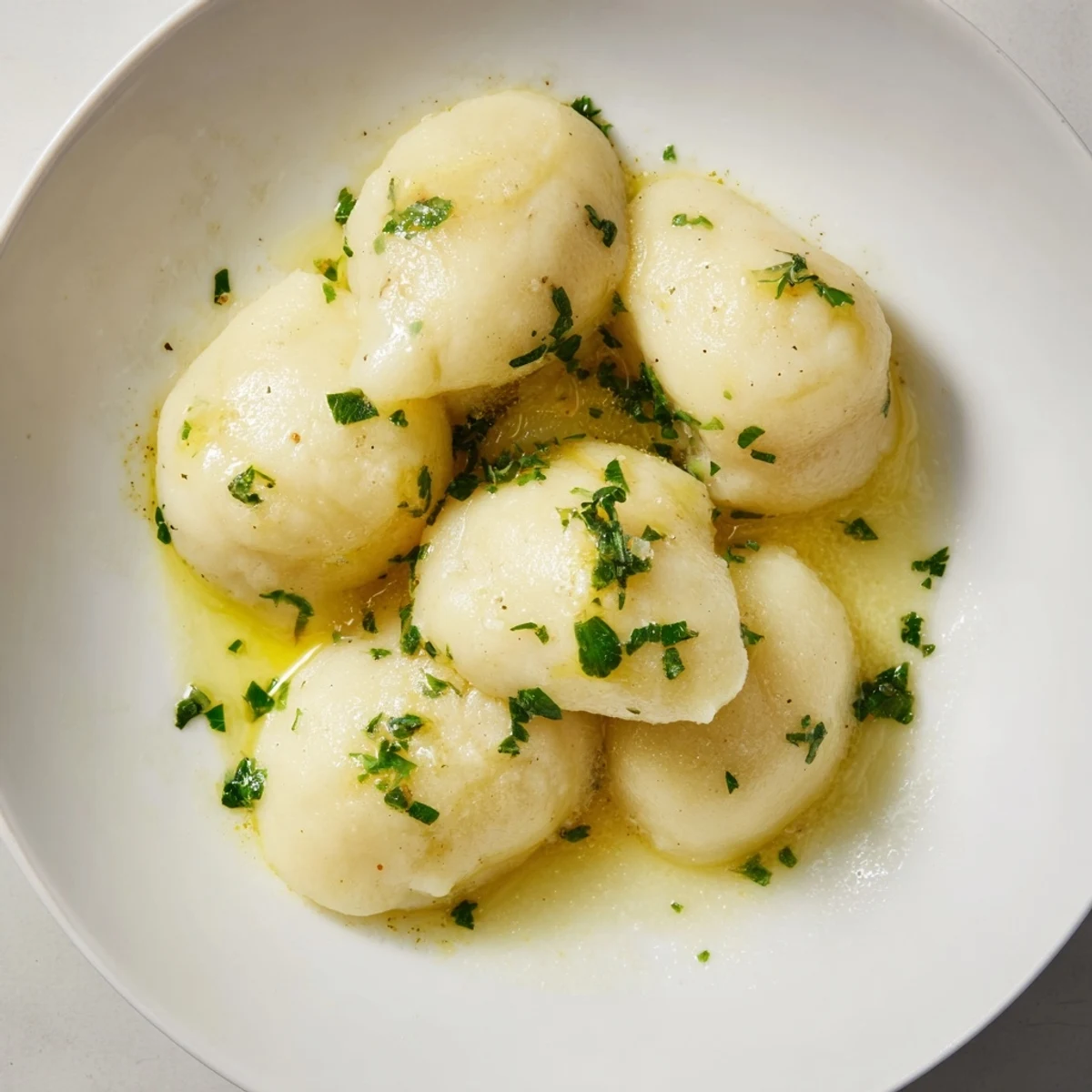 Fluffy potato dumplings drizzled with truffle oil, perfectly golden and waiting to be served for a savory meal.