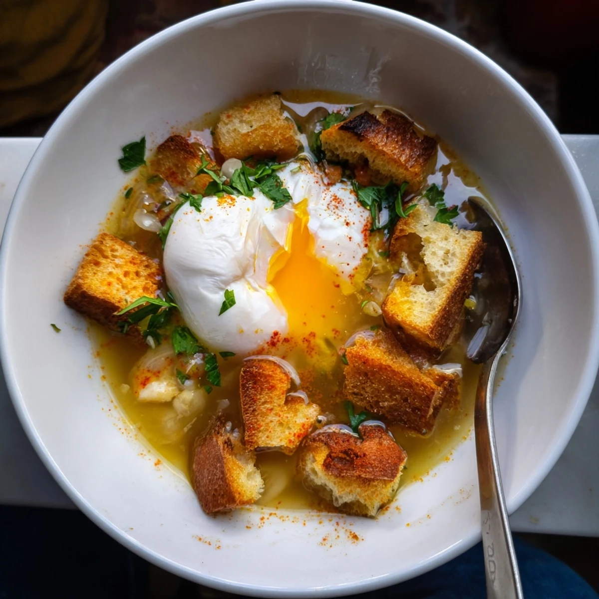 A steaming bowl of Castilian Garlic Soup with a perfectly poached egg, ready to be enjoyed.