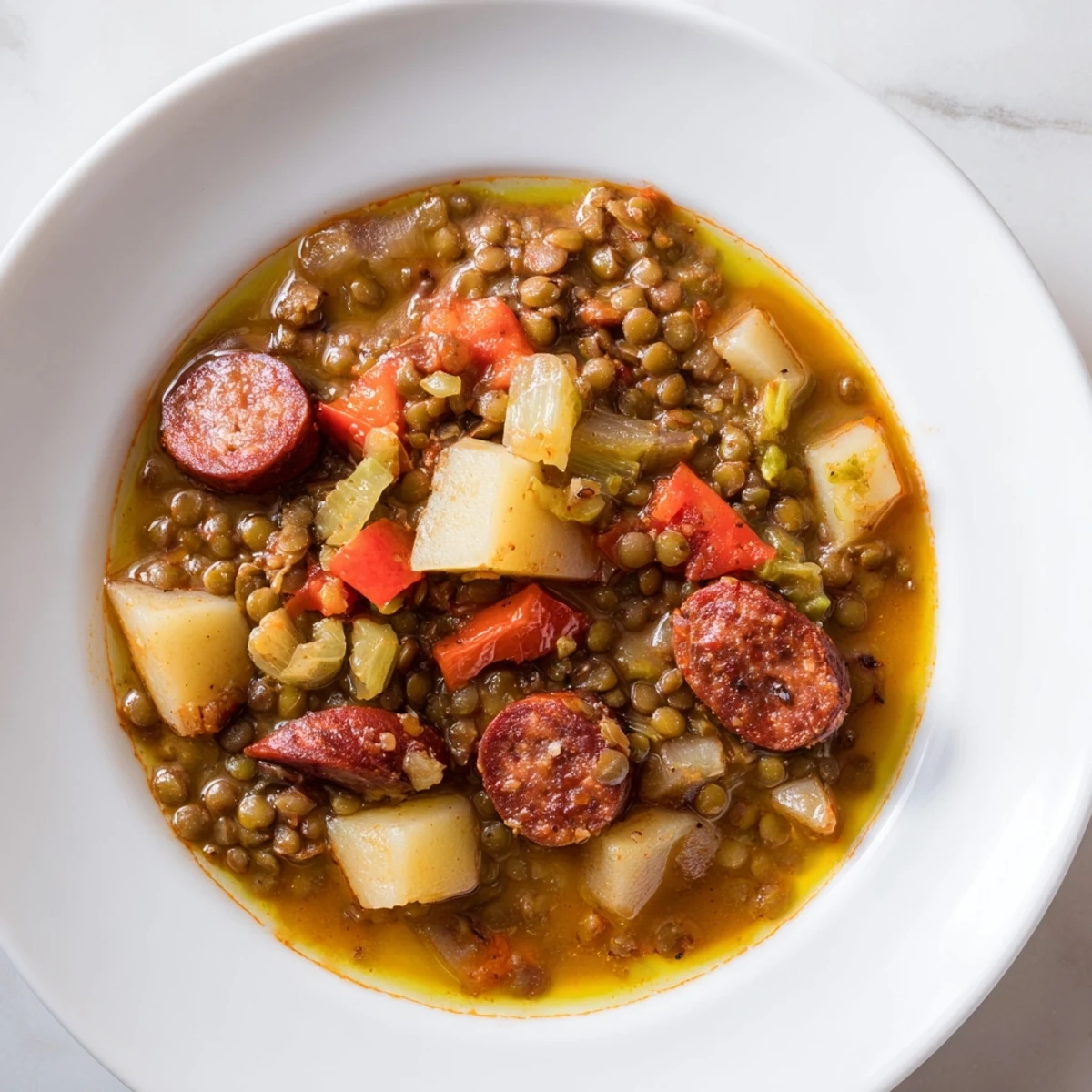 Un plato casero de estofado de lentejas y chorizo; una sopa fragante con verduras y especias.