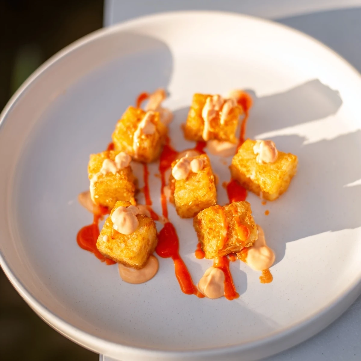 Close-up of freshly fried Patatas Bravas, a Spanish tapa, with optional creamy garlic aioli.