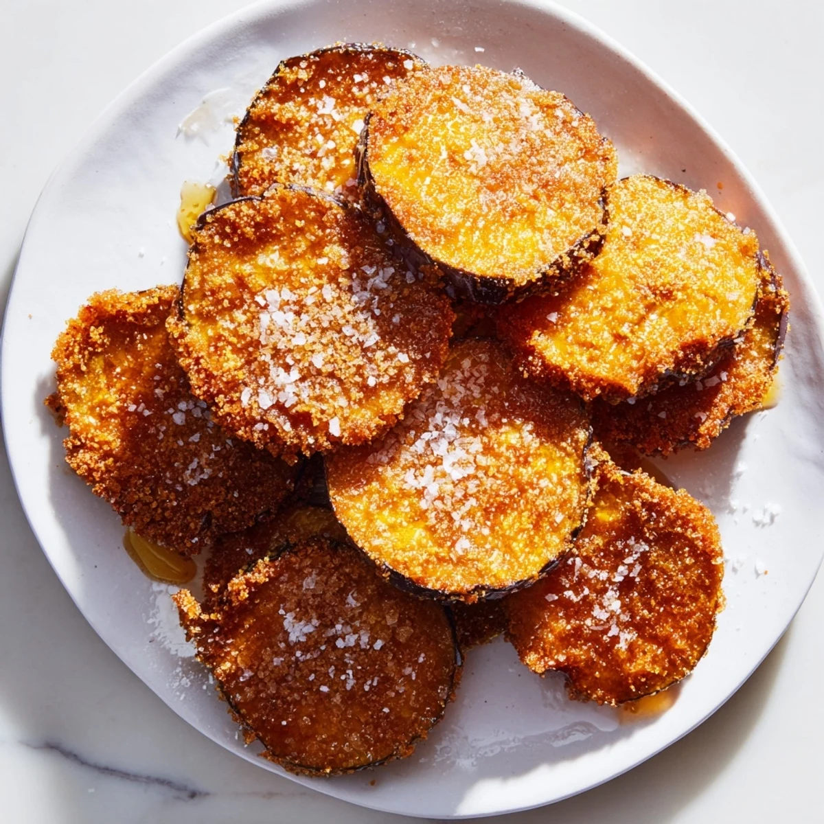 Crispy fried Berenjenas con Miel, golden brown eggplant slices drizzled with sweet honey.