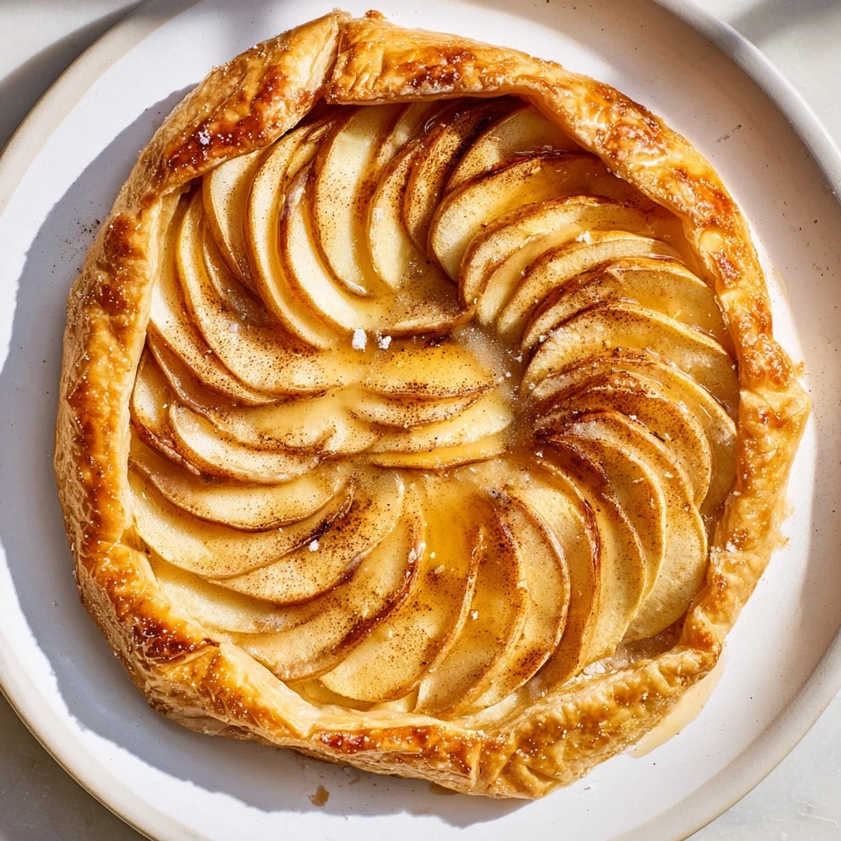Shiny Express Apple Tart with golden apples and a flaky, buttery crust, ready to serve.