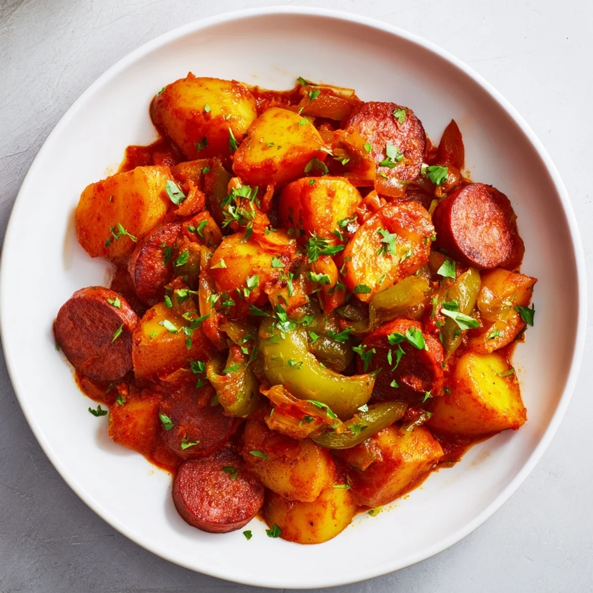 Close-up of Patatas a la Riojana, with chunks of potato and spicy chorizo in a rich sauce.