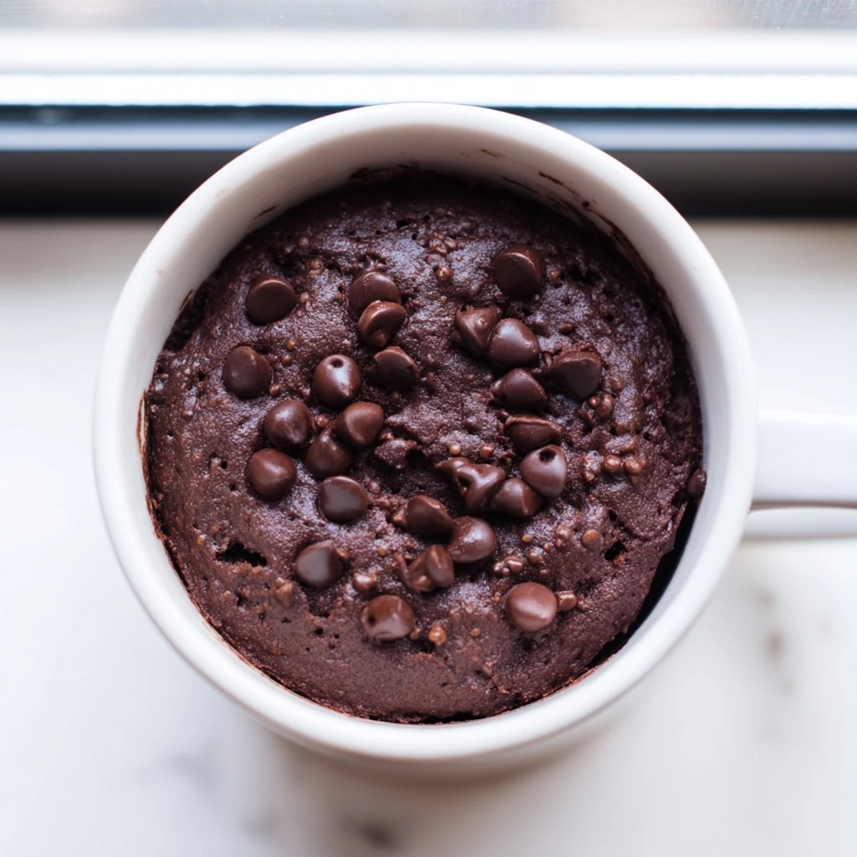 Steaming chocolate mug cake, a quick American dessert, topped with optional chocolate chips.