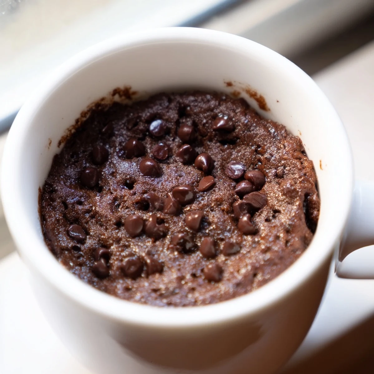 Delectable chocolate mug cake, warm and bubbly, ready to enjoy straight out of the microwave.
