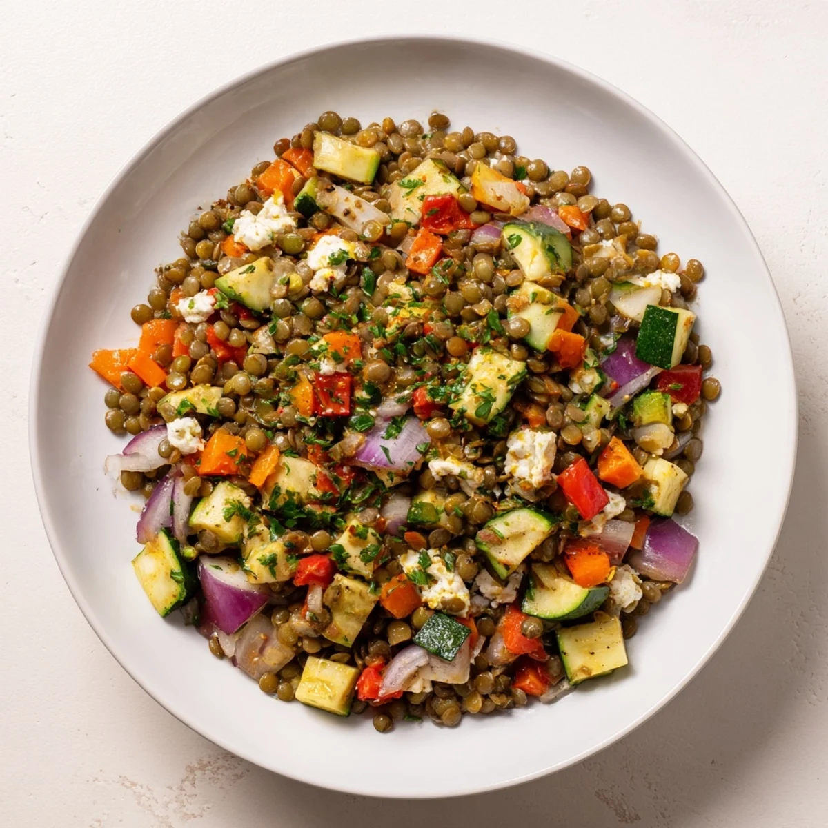 A warm bowl of Lentil and Vegetable Salad, showcasing vibrant vegetables and drizzled with vinaigrette for a flavorful meal.