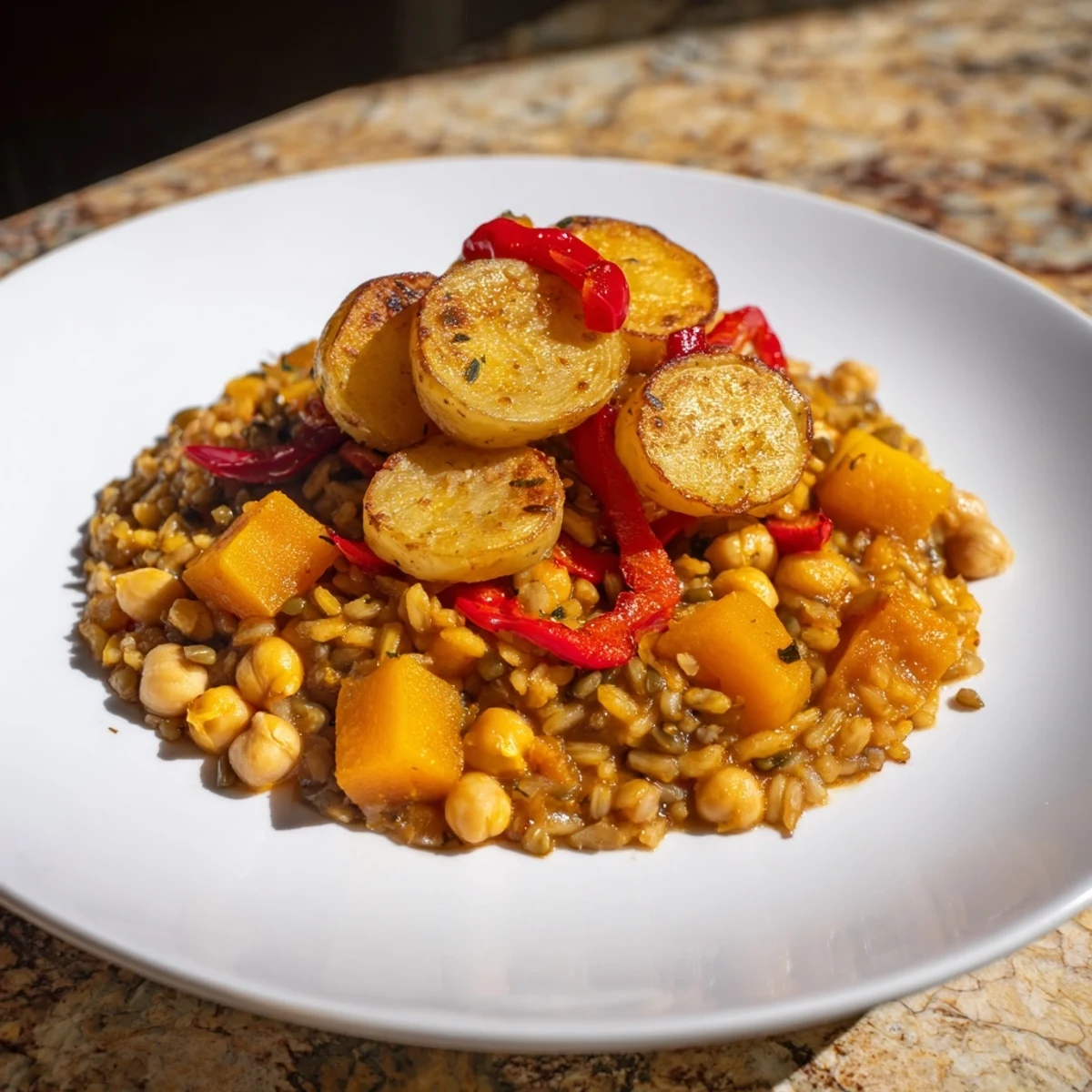 A rustic and flavorful image of Arroz al Horno de Invierno ready to serve for a hearty dinner.