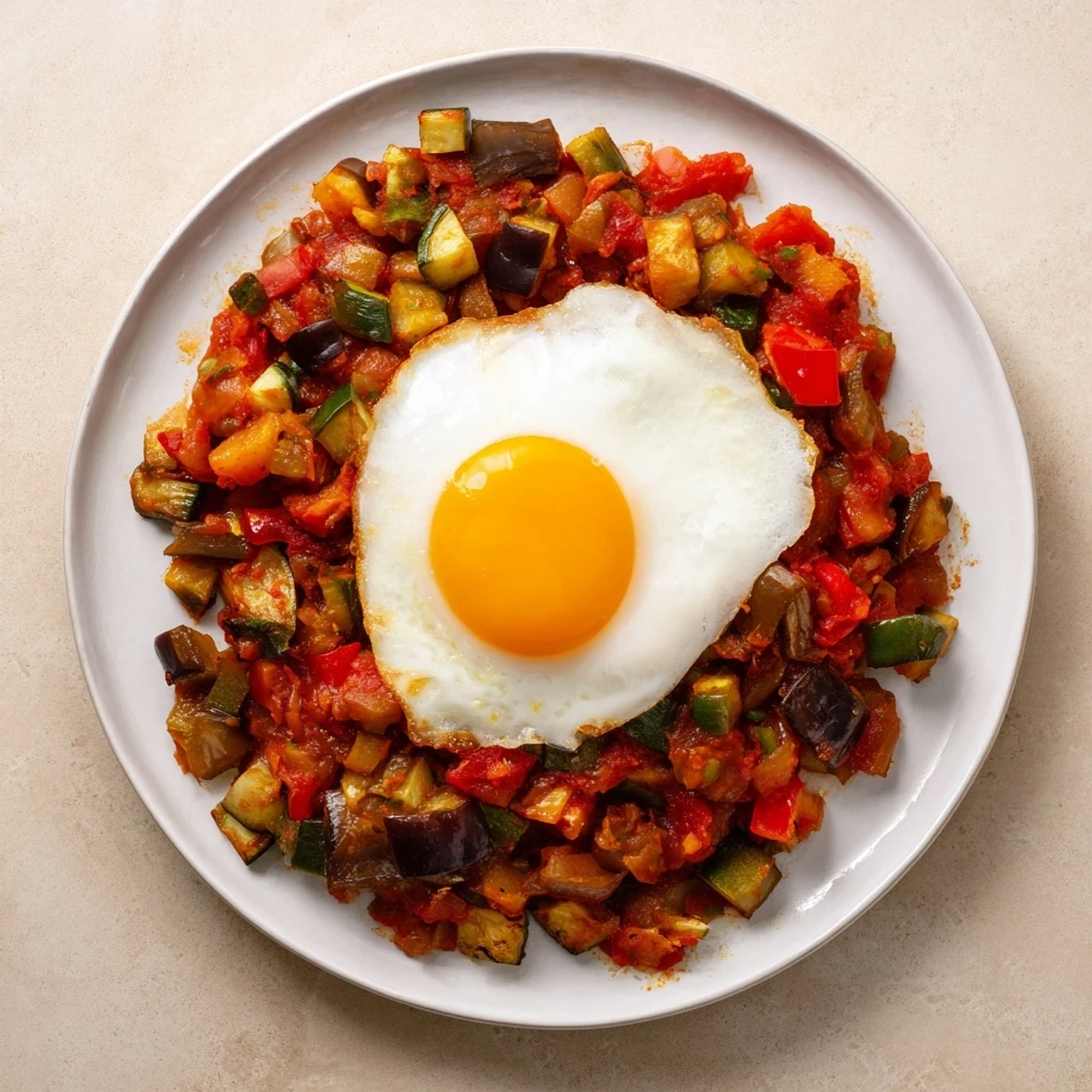 Hearty pisto with a fried egg; a flavorful Spanish vegetable dish perfect for a light supper.