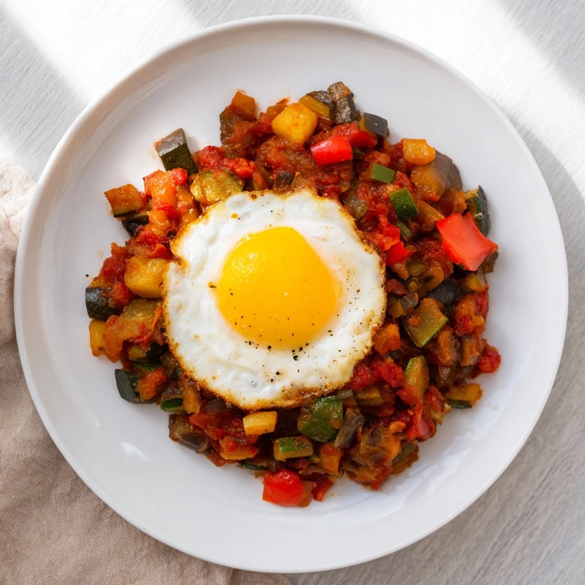 Golden fried egg glistening atop a vibrant Spanish pisto vegetable stew, ready to enjoy.