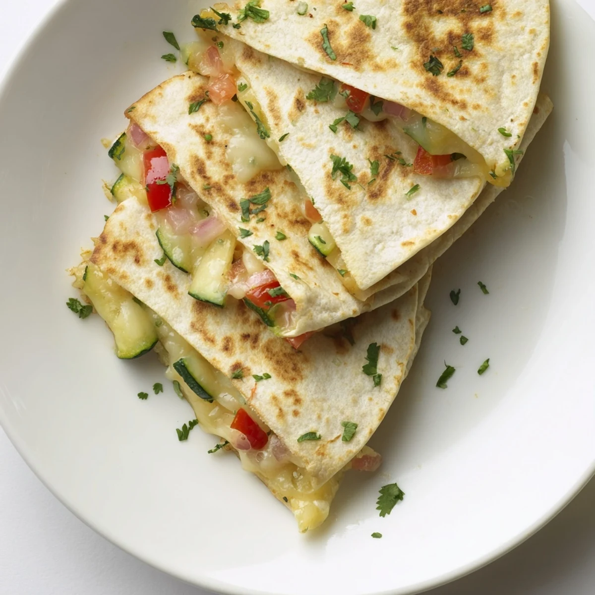 Close-up of crispy, folded quesadillas españolas, showcasing the melty cheese and colorful veggie filling.