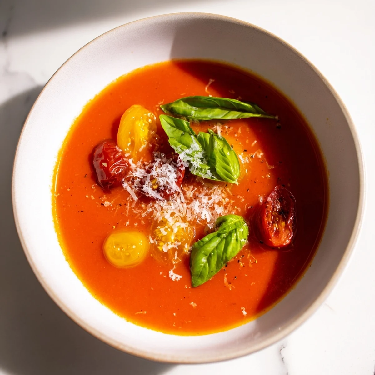 A steamy bowl of Quick Baked-Tomato Soup, garnished with fresh basil, ready to enjoy.