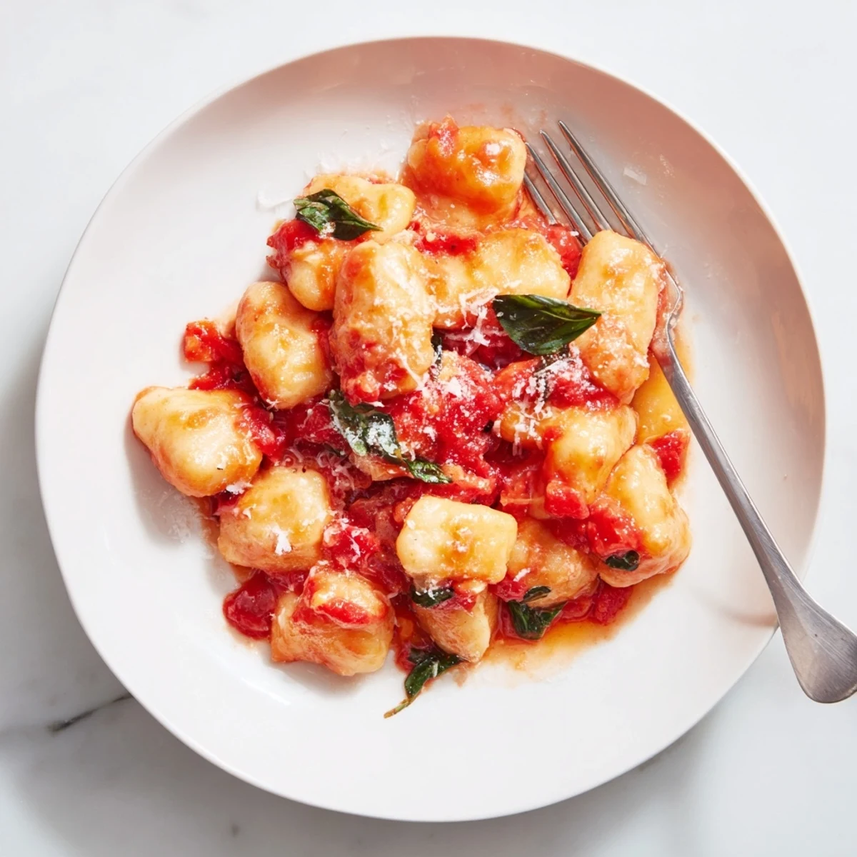 A close-up of steaming potato gnocchi with simple tomato sauce, inviting a warm bite.